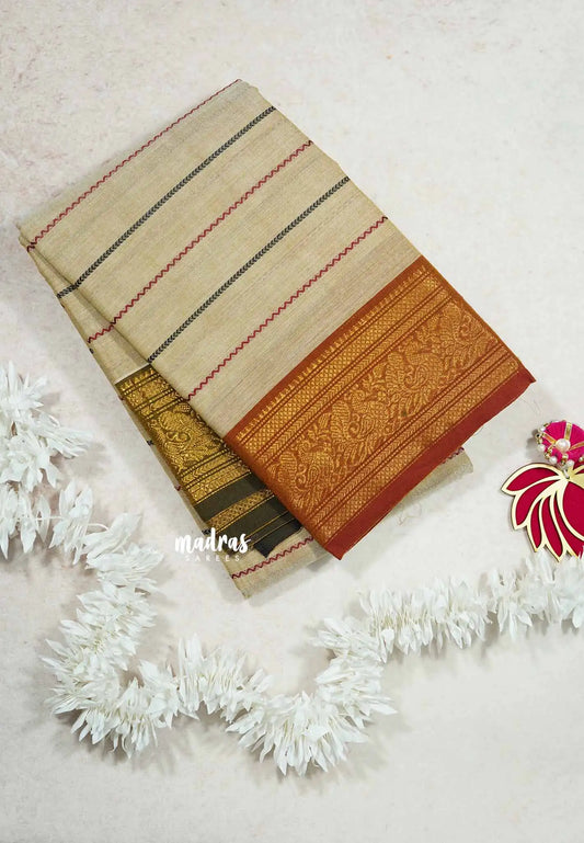 Beige - Fusion chettinad cotton Horizontal lines with Ganga Jamuna Border