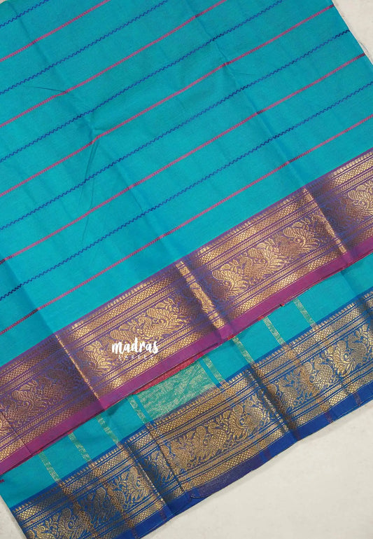 Ananda blue - Fusion chettinad cotton Horizontal lines with Ganga Jamuna Border