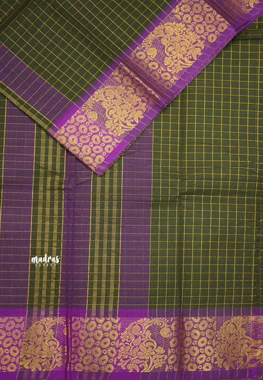 Fusion kanchi cotton in sungudi checks border - Olive green