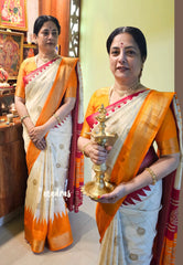 (PRE-BOOKING) Ivory Pearl - Anugraha - Premium Printed Silk with Ganga Jamuna Temple Border and Kattam body - Perfect for divine prayers, temple visits & small functions