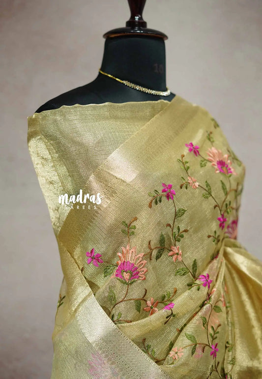 Gold Tissue silk saree with floral embroidery - Kushboo