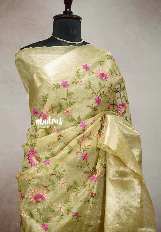 Gold Tissue silk saree with floral embroidery - Kushboo