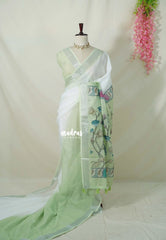 White with Pista Green - Linen Cotton Saree with Gradient with Tissue Border and Kalamkari Pallu - Perfect for Office Wear | Summer wear | Casual Wear