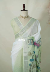 White with Pista Green - Linen Cotton Saree with Gradient with Tissue Border and Kalamkari Pallu - Perfect for Office Wear | Summer wear | Casual Wear