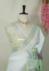 White with Pista Green - Linen Cotton Saree with Gradient with Tissue Border and Kalamkari Pallu - Perfect for Office Wear | Summer wear | Casual Wear
