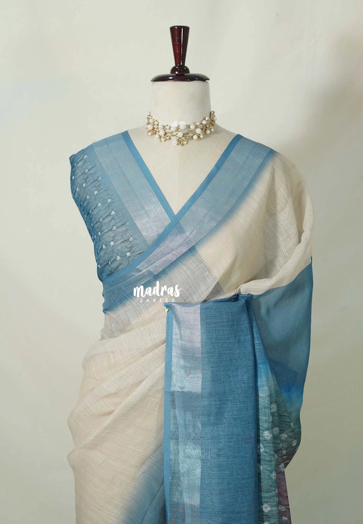 Sandal Beige with Peacock Blue - Linen Cotton Saree with Gradient with Tissue Border and Handmade Bandhani Pallu - Perfect for Office Wear | Summer wear | Casual Wear