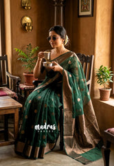 Midnight Emerald Green - Soft Organza Silk with Zari Weaving with Banarasi Antique Border - Best for wedding reception
