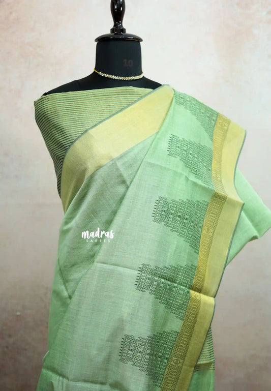 Haasini - Soft Bamboo cotton with kolam Murugan temple prints - Pastel green