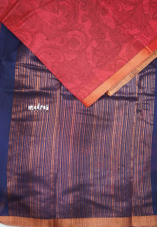 Haasini - Soft Bamboo cotton pen kalamkari with embroidery blouse - Cherry red copper border