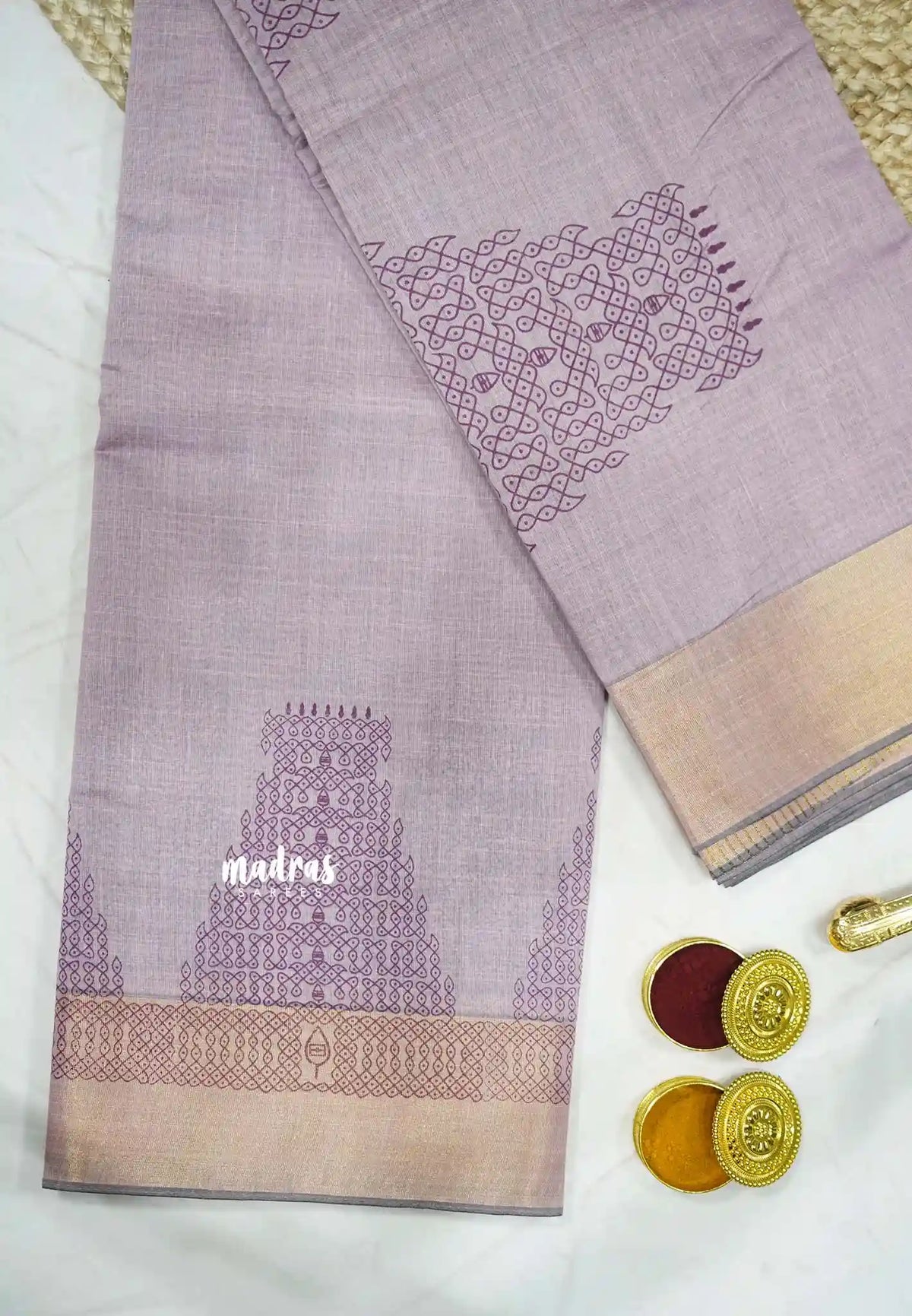 Haasini - Soft Bamboo cotton with kolam Murugan temple prints - Pastel Lavender