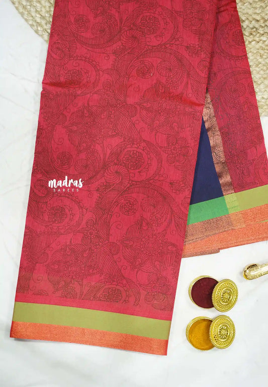 Haasini - Soft Bamboo cotton pen kalamkari with embroidery blouse - Cherry red skirt border