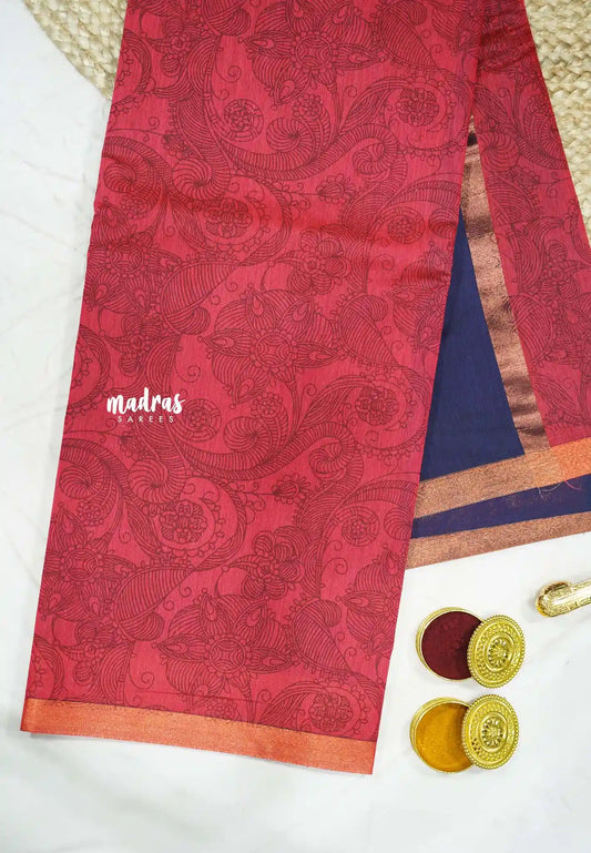 Haasini - Soft Bamboo cotton pen kalamkari with embroidery blouse - Cherry red copper border