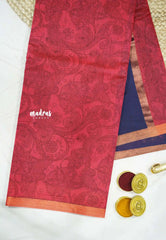 Haasini - Soft Bamboo cotton pen kalamkari with embroidery blouse - Cherry red copper border