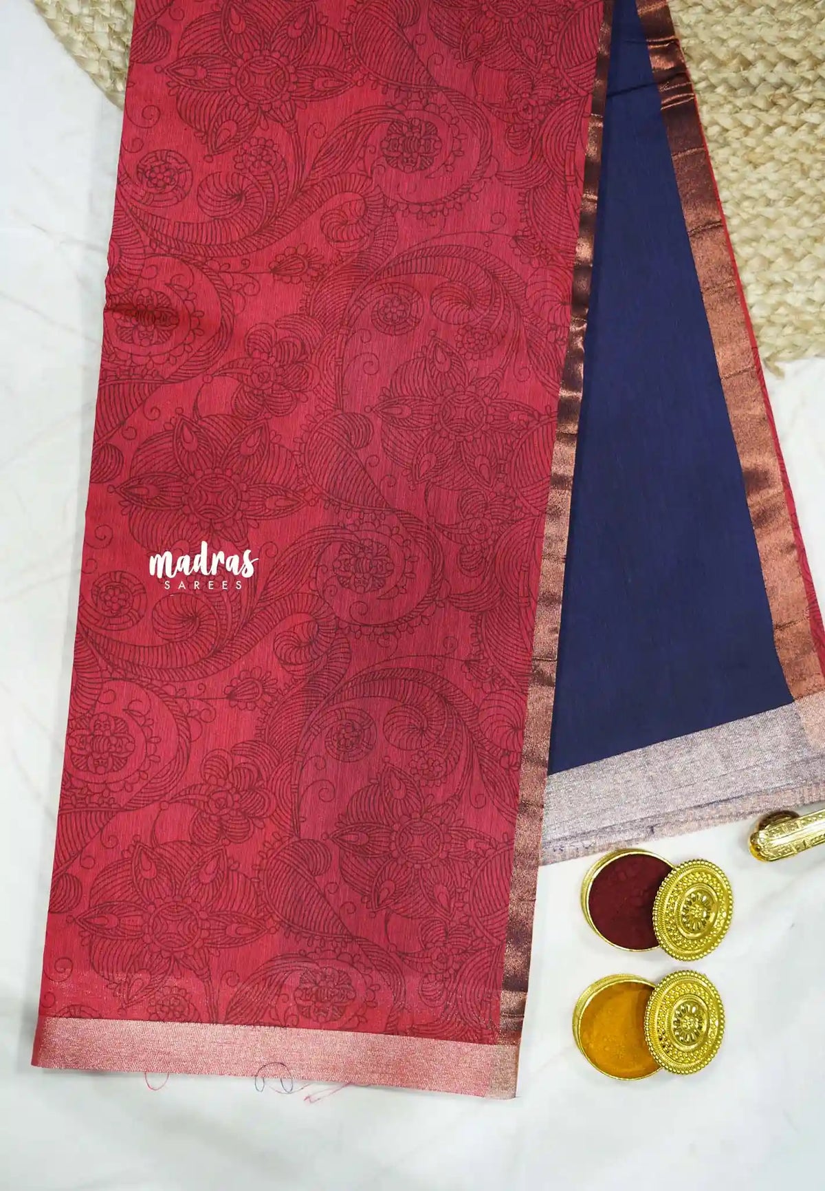 Haasini - Soft Bamboo cotton pen kalamkari with embroidery blouse - Cherry red silver border