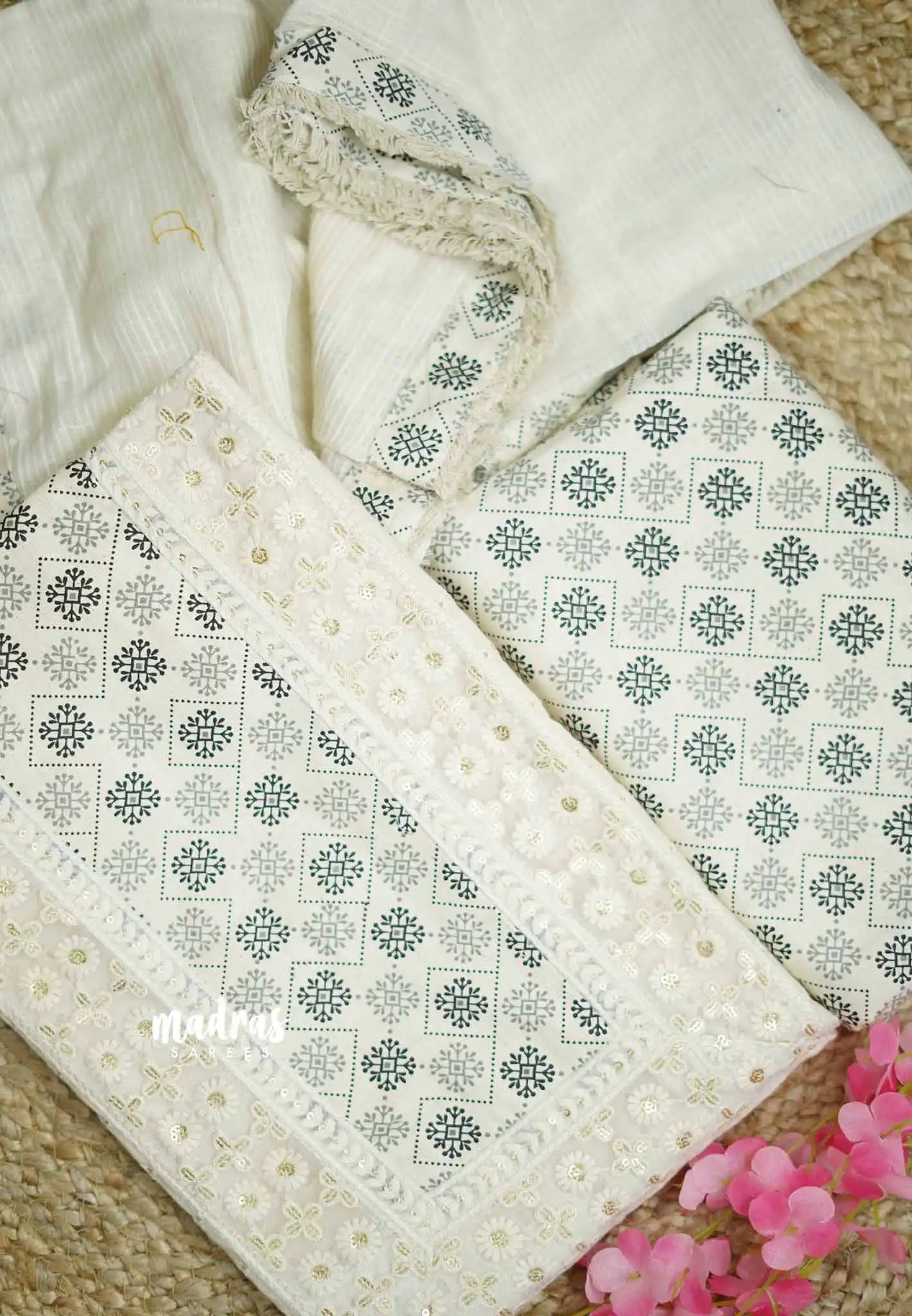 Pure cotton Hakoba embroidery salwar suit - Ivory white – Madras Sarees
