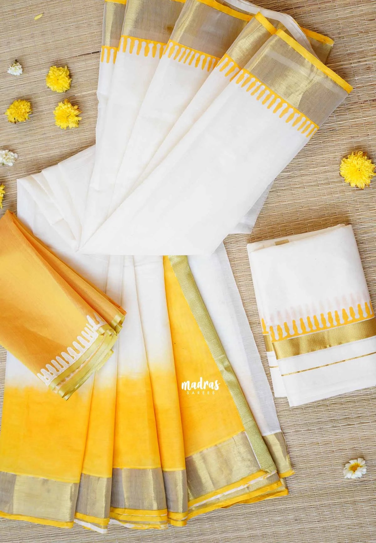 Hand-Painted South Cotton Haldi Special Saree & Raw Silk Dhoti Combo for Couples