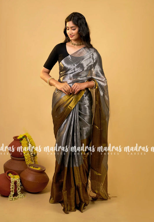 Soft Gold and silver Half and Half Tissue khadi