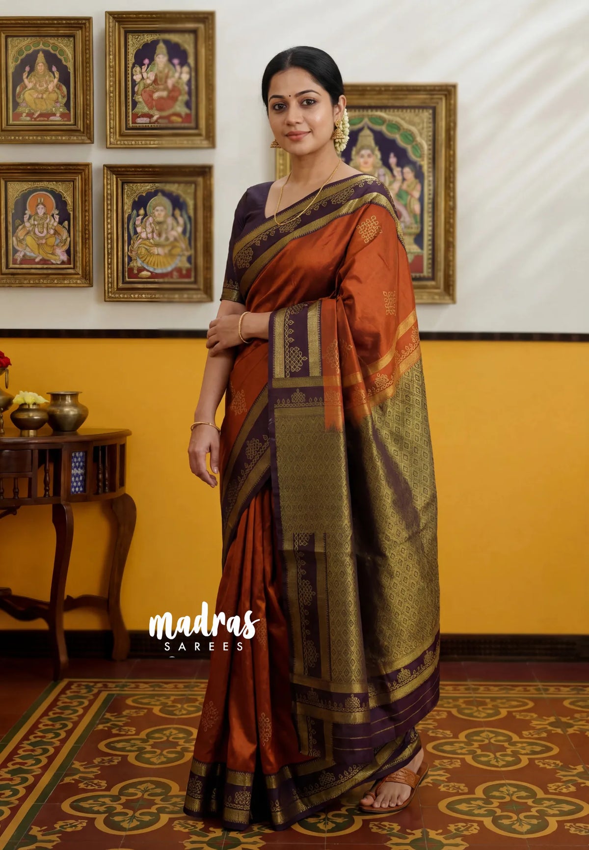 Rust Orange - Hamsavalli – Soft Silk Saree Kolam Motifs Weaving Body and Border with Rich Pallu  - Best for wedding
