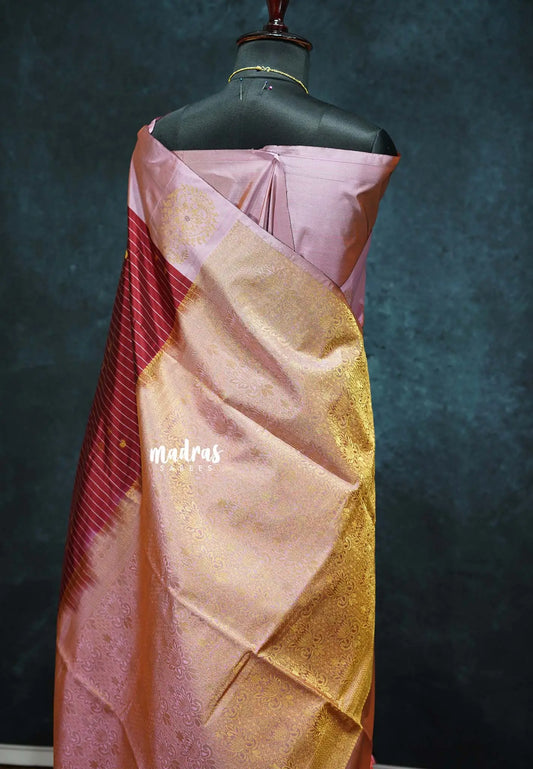 Majestic Maroon with Gold - Hamsavalli – Soft silk with stripes weaving mango small border rich pallu