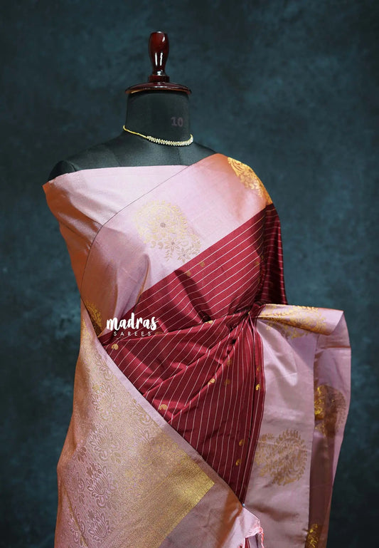 Majestic Maroon with Gold - Hamsavalli – Soft silk with stripes weaving mango small border rich pallu