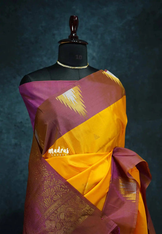 Mango yellow with Muted pink - Hamsavalli – Soft Silk Elegance saree with temple weaving rich pallu
