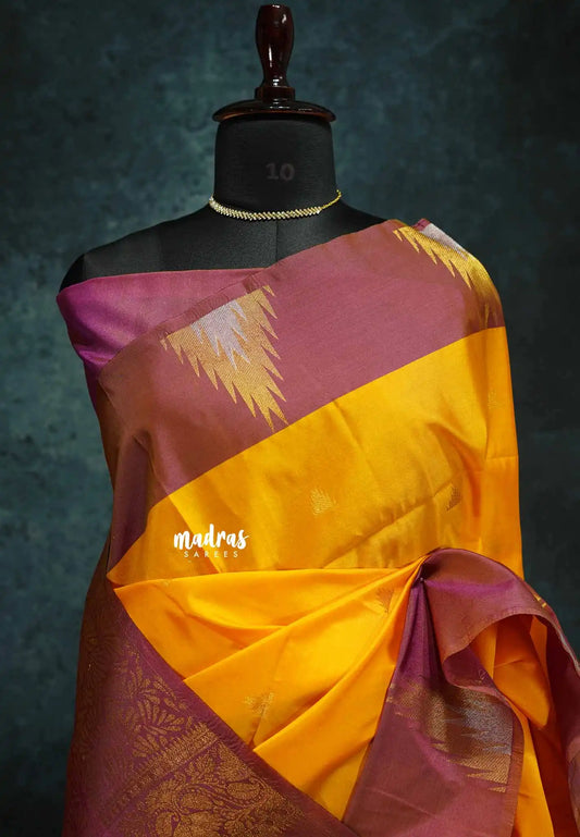 Mango yellow with Muted pink - Hamsavalli – Soft Silk Elegance saree with temple weaving rich pallu