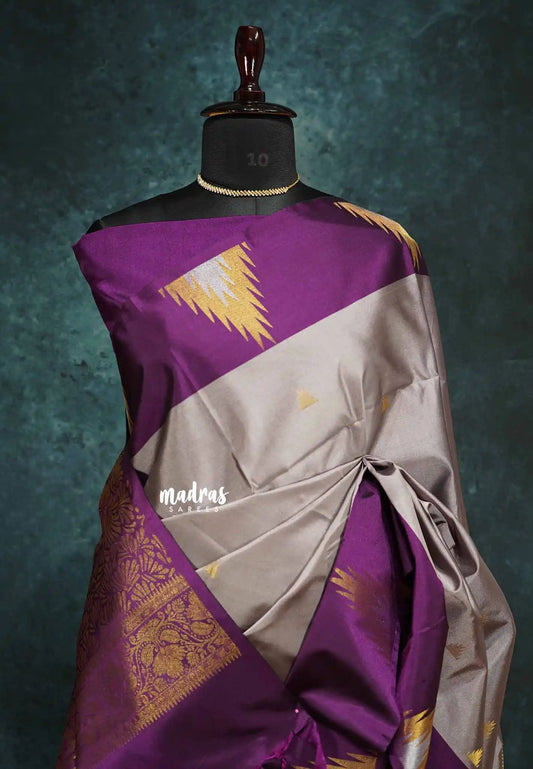 Purple grey with Purple - Hamsavalli – Soft Silk Elegance saree with temple weaving rich pallu