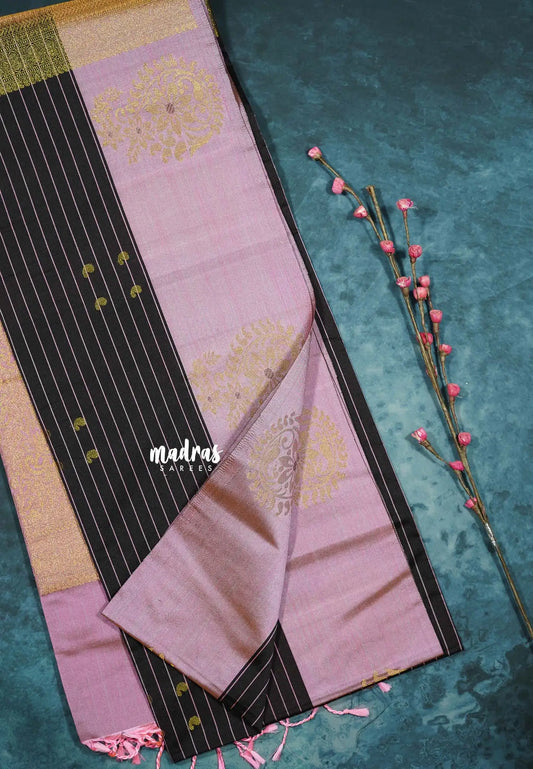 Dark chocolate brown - Hamsavalli – Soft silk with stripes weaving mango small border rich pallu