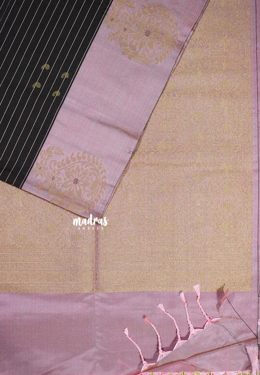 Dark chocolate brown - Hamsavalli – Soft silk with stripes weaving mango small border rich pallu