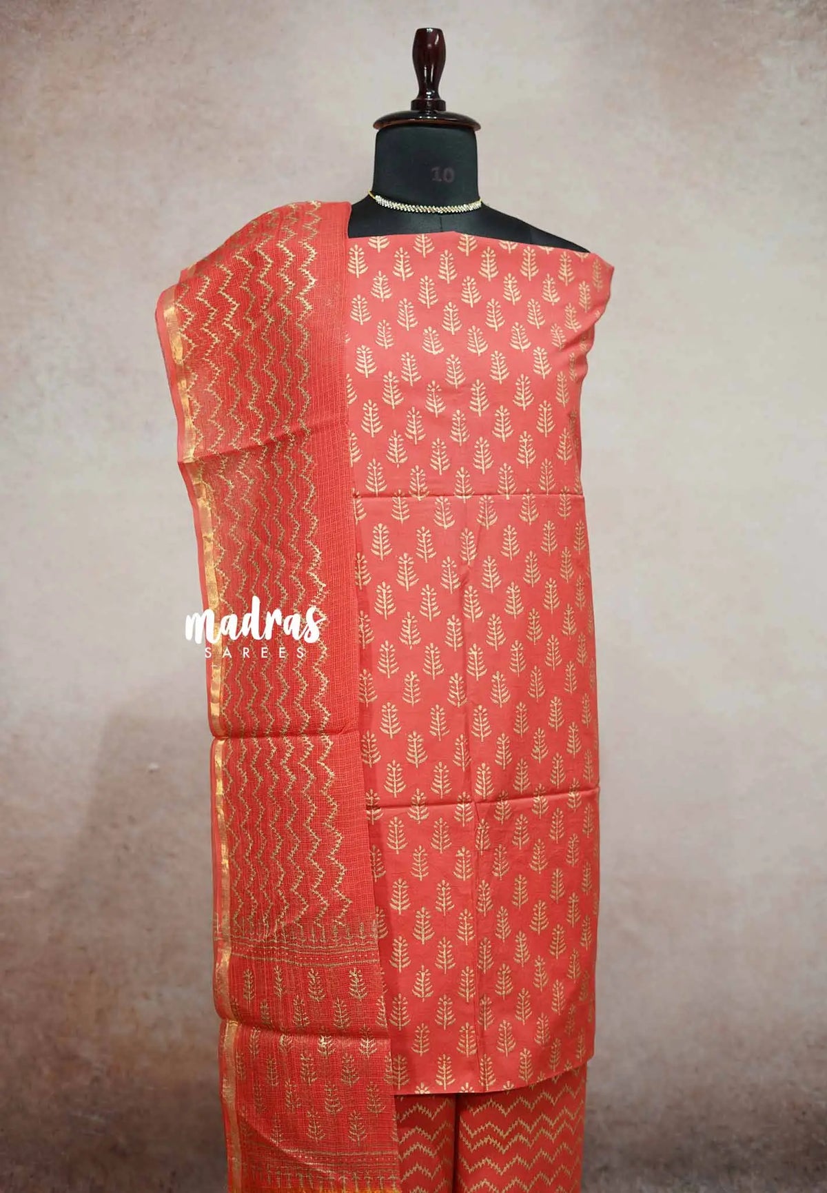 Hand-Block Printed Cotton Salwar Suit with Kota Dupatta - Peach