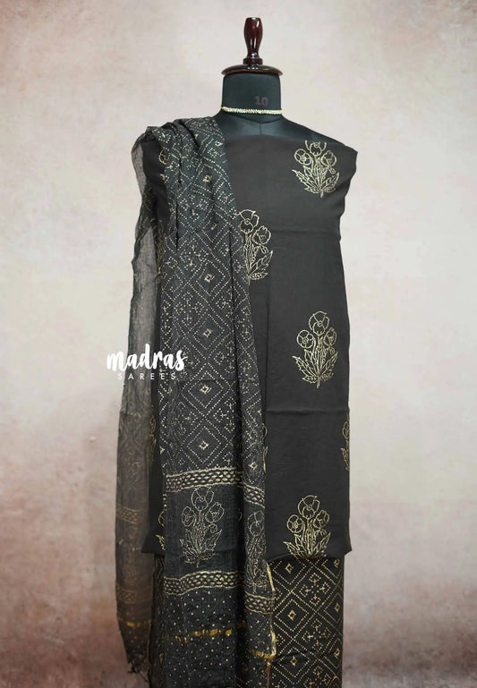 Hand-Block Printed Cotton Salwar Suit with Kota Dupatta - Black