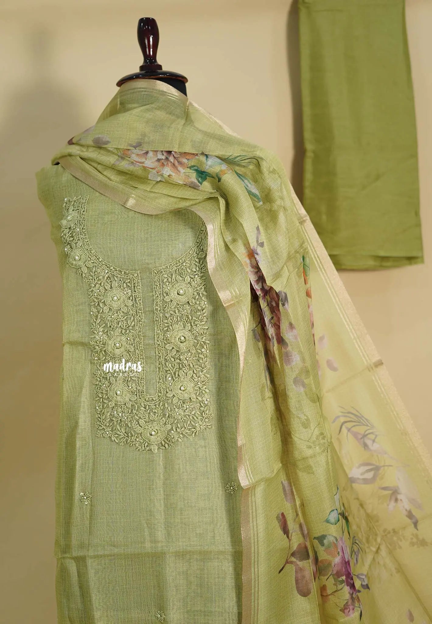 Amitha – Pista Green Hand Embroidered Pure Kota Silk Salwar Suit