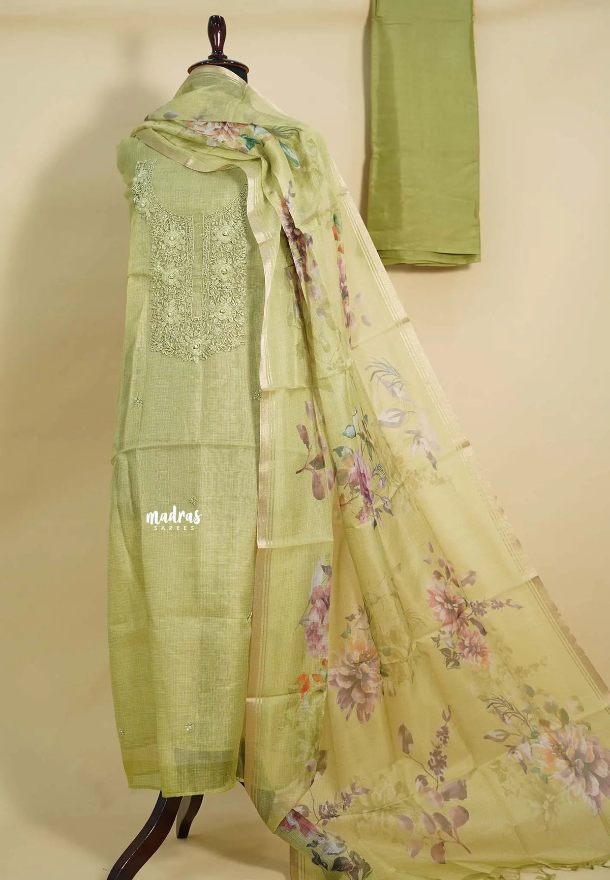 Amitha – Pista Green Hand Embroidered Pure Kota Silk Salwar Suit