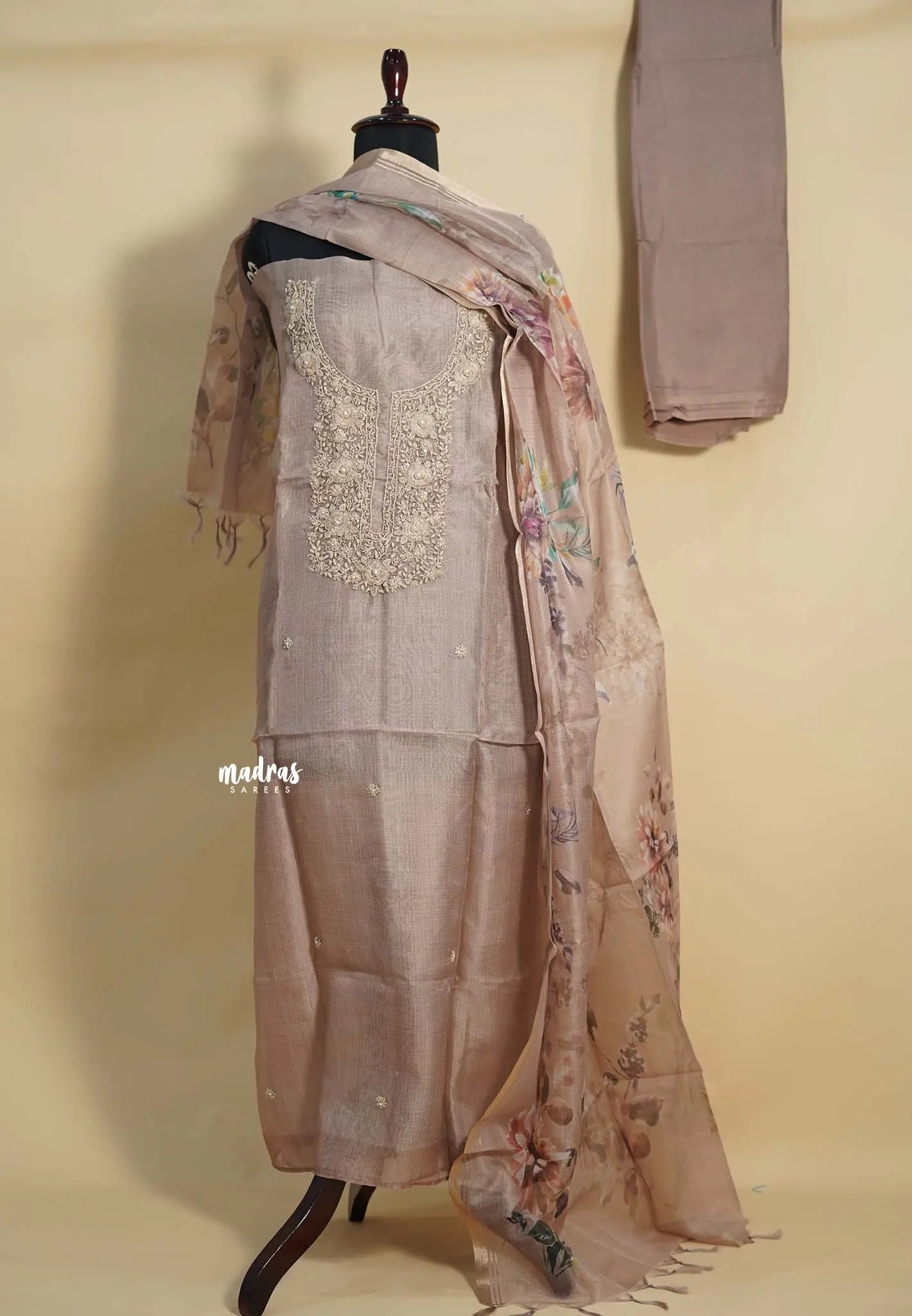 Amitha – Muted Purple Hand Embroidered Pure Kota Silk Salwar Suit
