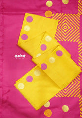 Ambigai - Polka dots Handpainted south cotton with raw silk blouse combo - Pink