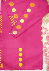 Ambigai - Polka dots Handpainted south cotton with raw silk blouse combo - Pink