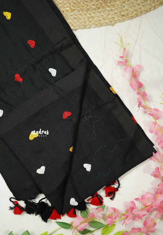 Idhayam -  Soft khadi with heart embroidery - Black