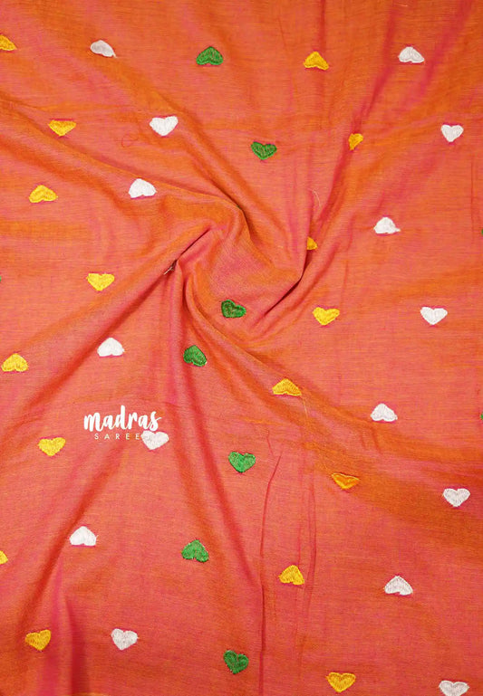 Idhayam -  Soft khadi with heart embroidery - Dual shade orange