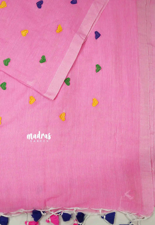 Idhayam -  Soft khadi with heart embroidery - Rose pink