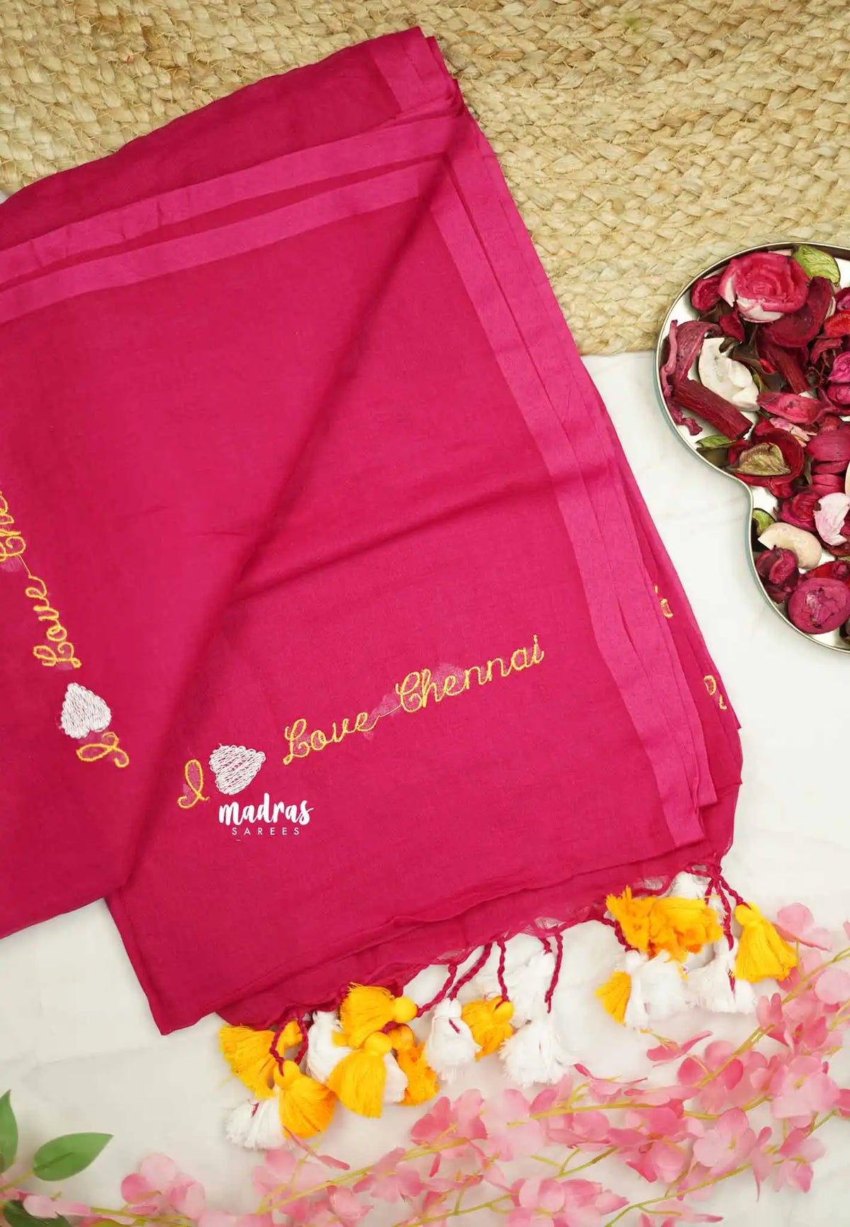 Soft Mul cotton I love chennai Embroidery saree - Rani pink