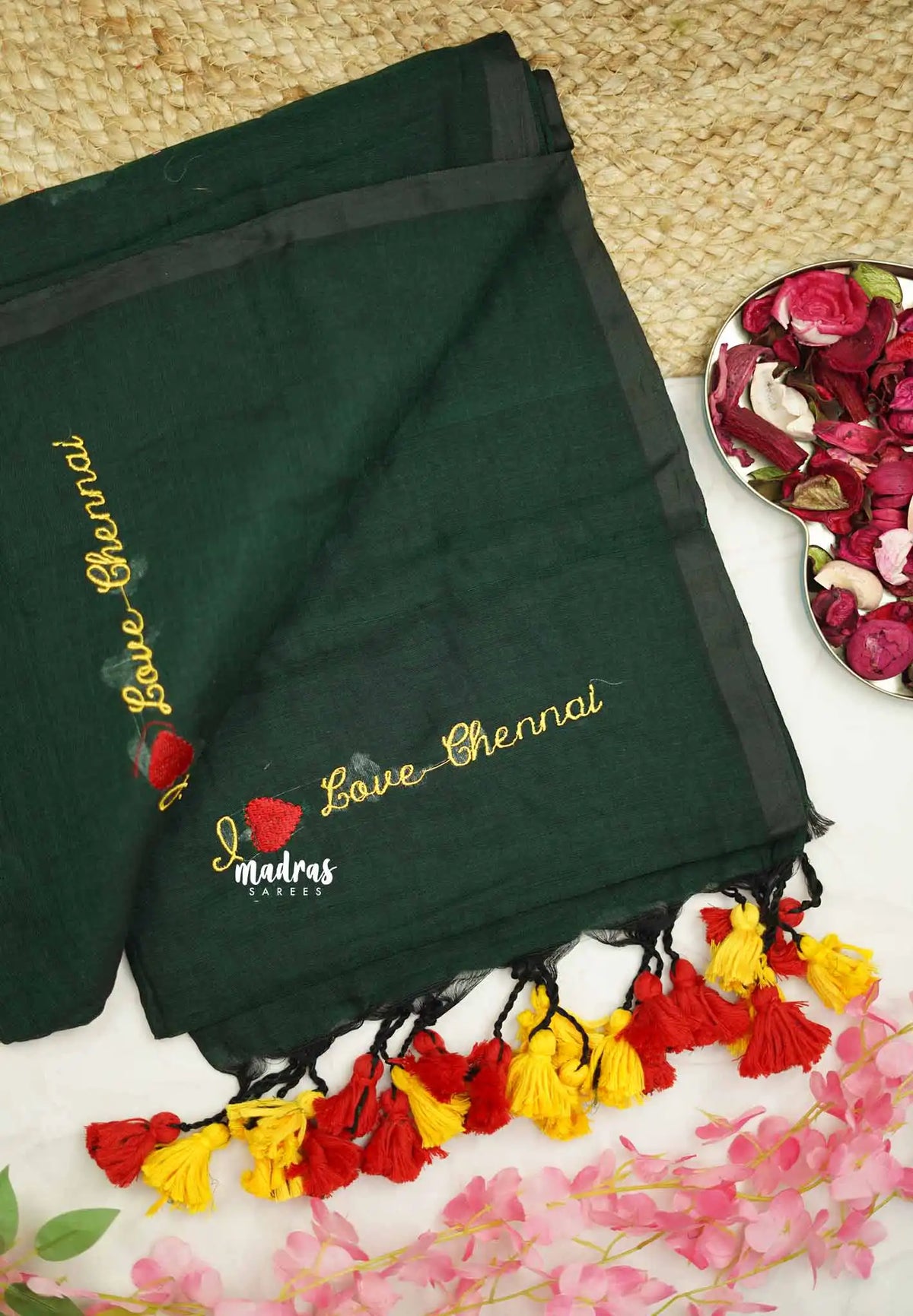 Soft Mul cotton I love chennai Embroidery saree - Green