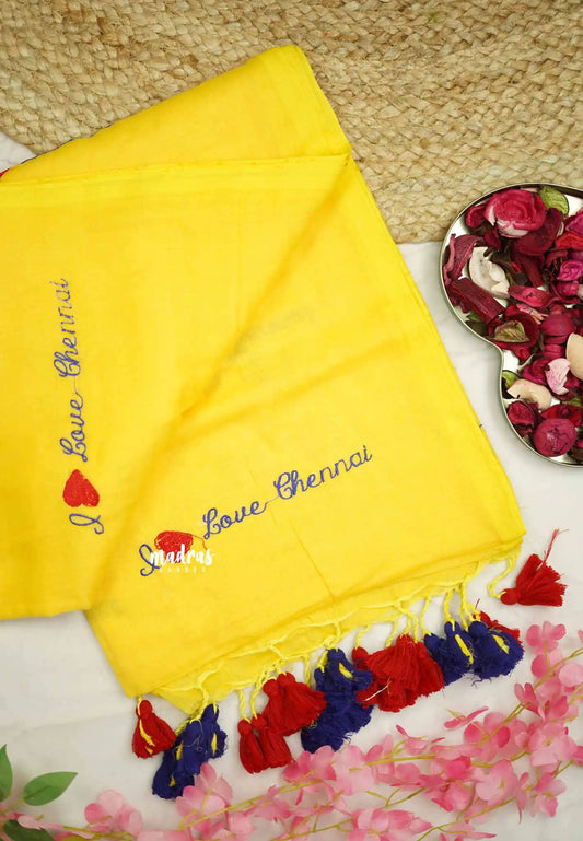 Soft Mul cotton I love chennai Embroidery saree - Yellow