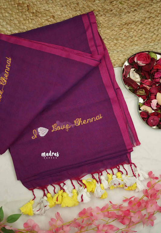 Soft Mul cotton I love chennai Embroidery saree - Dualshade Magenta purple