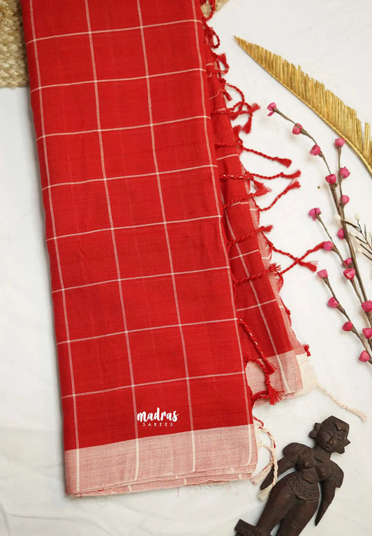 Andrea - Khadi cotton Red checks white border