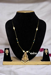 Invisible viral Wire Necklace – Premium Floating Lakshmi Pendant with earrings - Dark green and Sandal beads