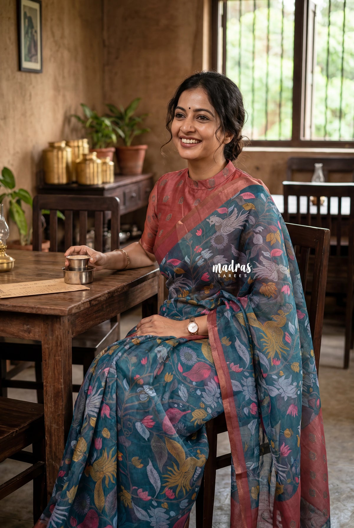 Ateneo Blue - Isha - Chanderi Cotton Saree Kalamkari Prints - Best for Casual Wear | Office Wear