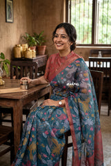 Ateneo Blue - Isha - Chanderi Cotton Saree Kalamkari Prints - Best for Casual Wear | Office Wear