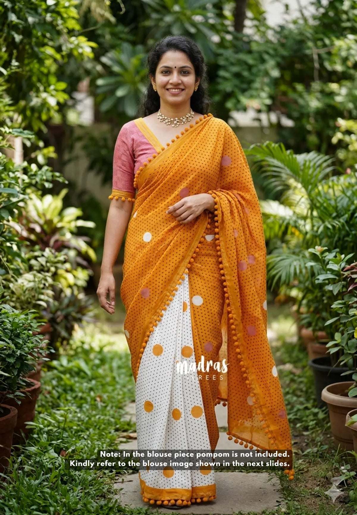 White with Yellowish Orange - Isha - Chanderi Cotton Saree Half and Half Design with Pompoms - Best for Casual Wear