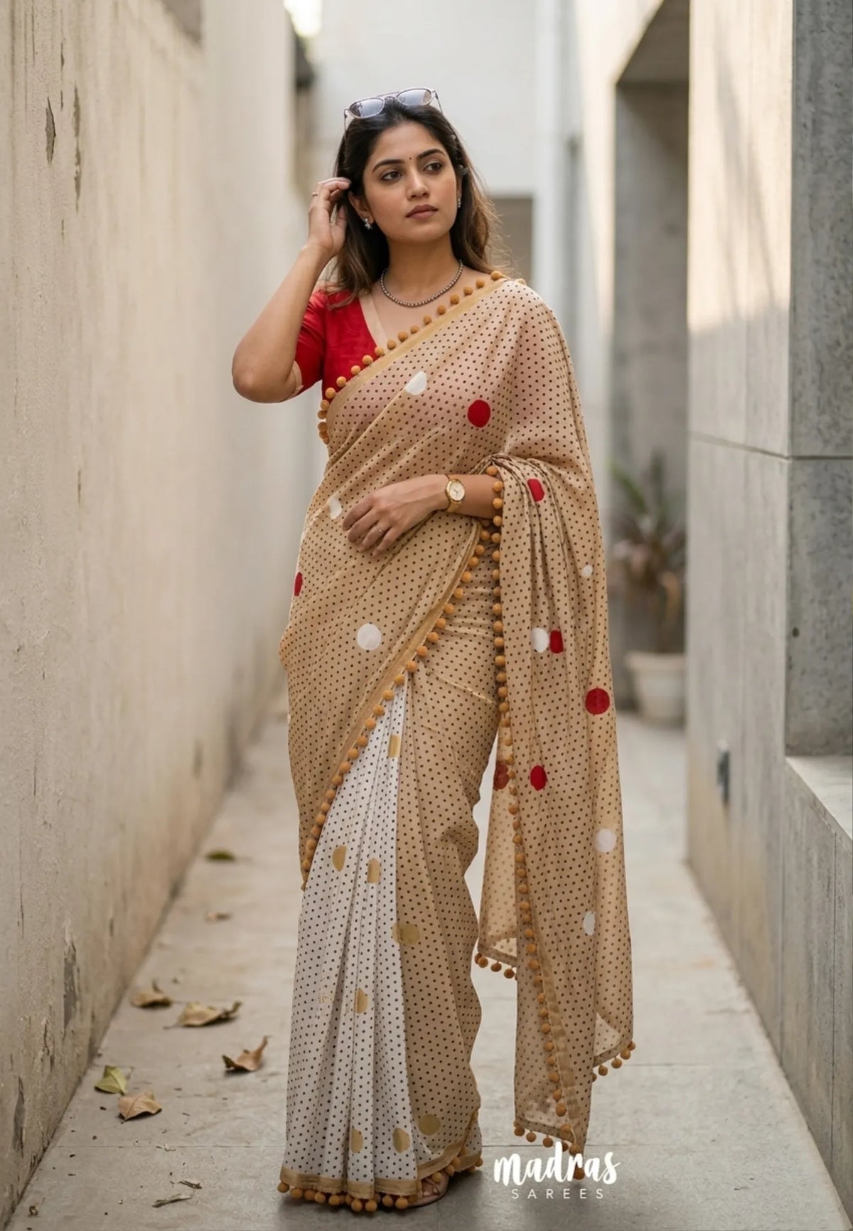 White with Sandal - Isha - Chanderi Cotton Saree Half and Half Design with Pompoms - Best for Casual Wear