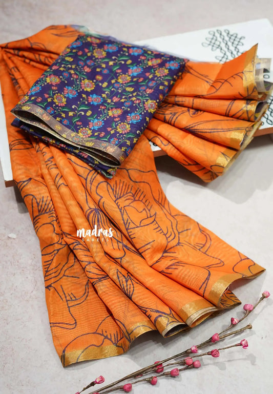Orange - Isha - Chanderi Cotton Floral Prints with Small Border